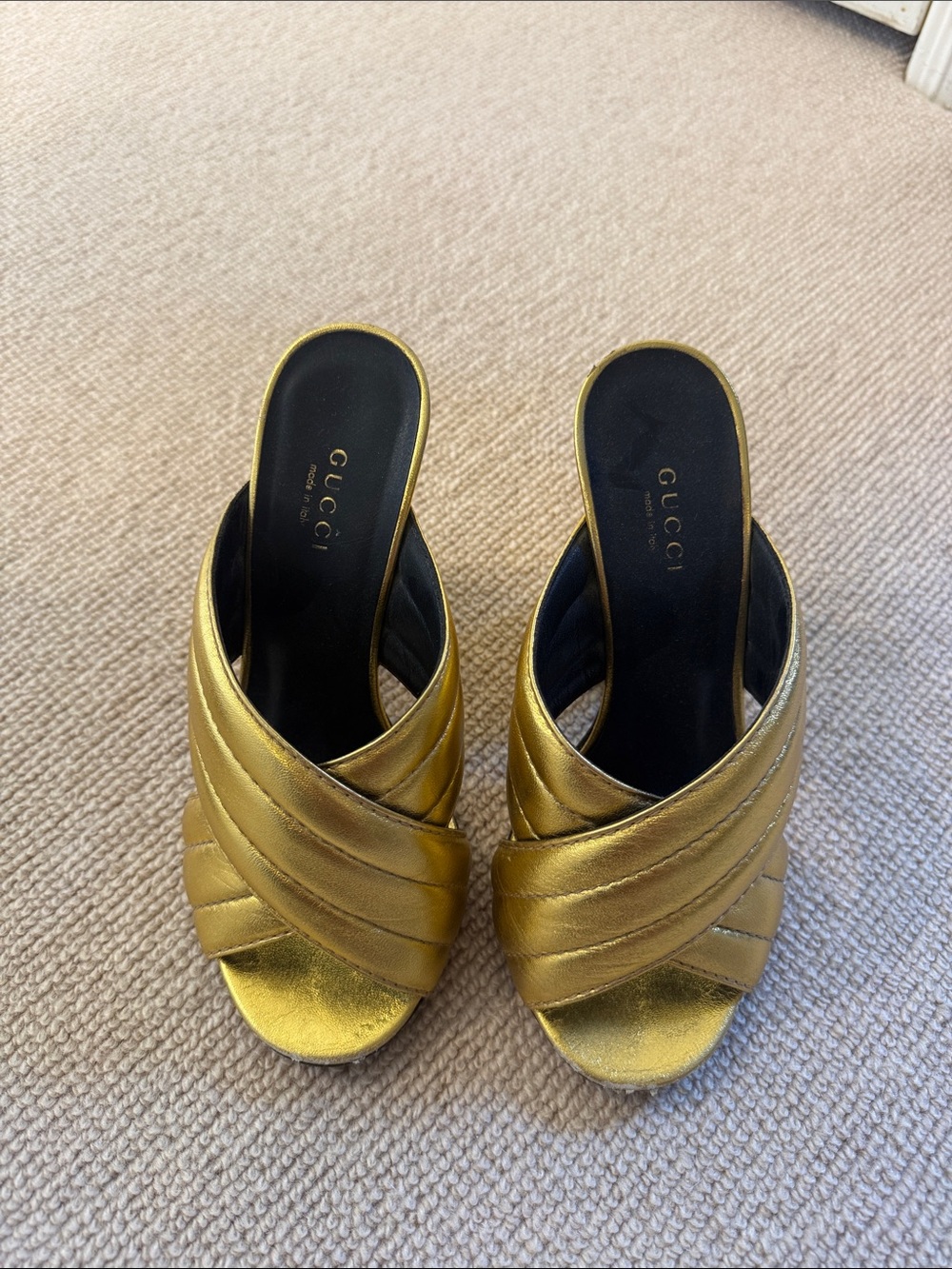 Gucci Gold Leather Crisscross Slide Mules